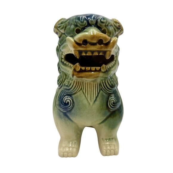 Vintage Foo Dog Blue Green Brown Chinese Lion Dragon Statue 7.25” - Picture 2 of 8